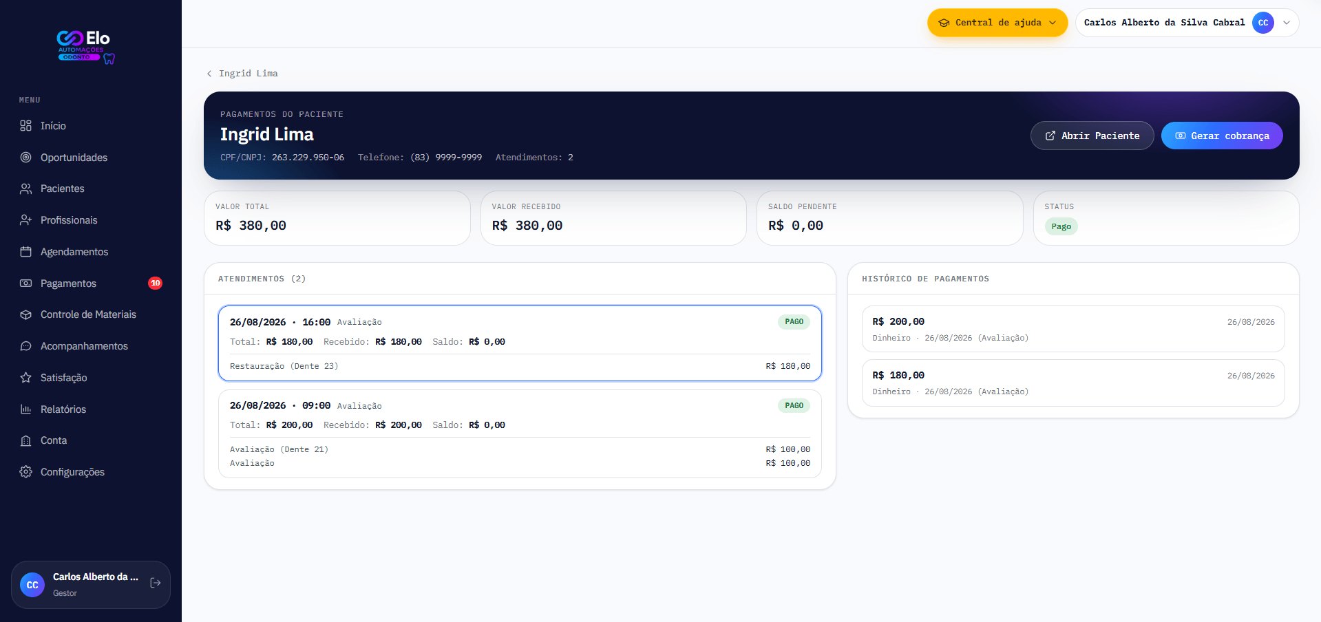Página de pagamentos de um paciente na ELO Odonto, com valor total, valor recebido, saldo pendente, status, atendimentos e histórico completo de pagamentos