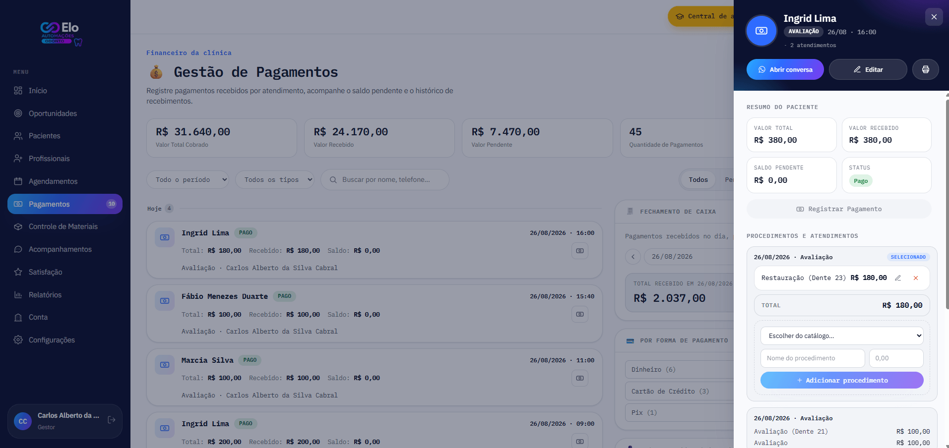 Drawer de pagamento de um paciente na ELO Odonto, com valor total, valor recebido, saldo pendente, status e os procedimentos que compõem cada atendimento
