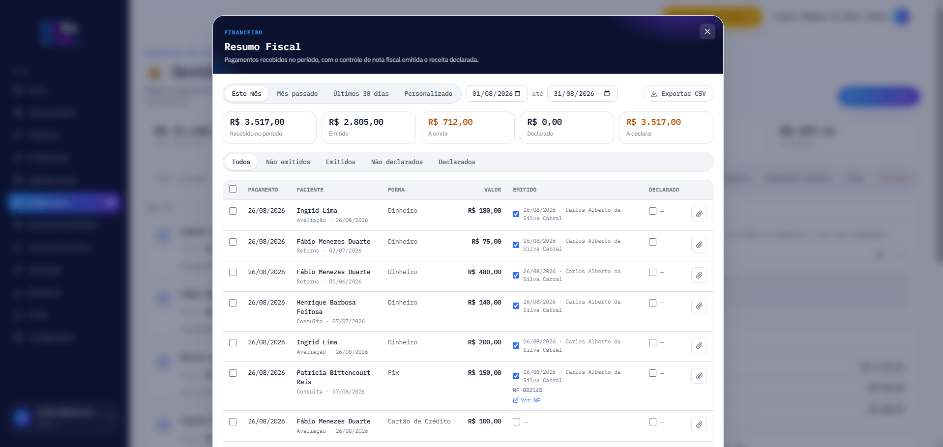 Resumo Fiscal da ELO Odonto, com valor recebido, emitido, a emitir, declarado e a declarar no período, lista de pagamentos com nota fiscal e exportação em CSV
