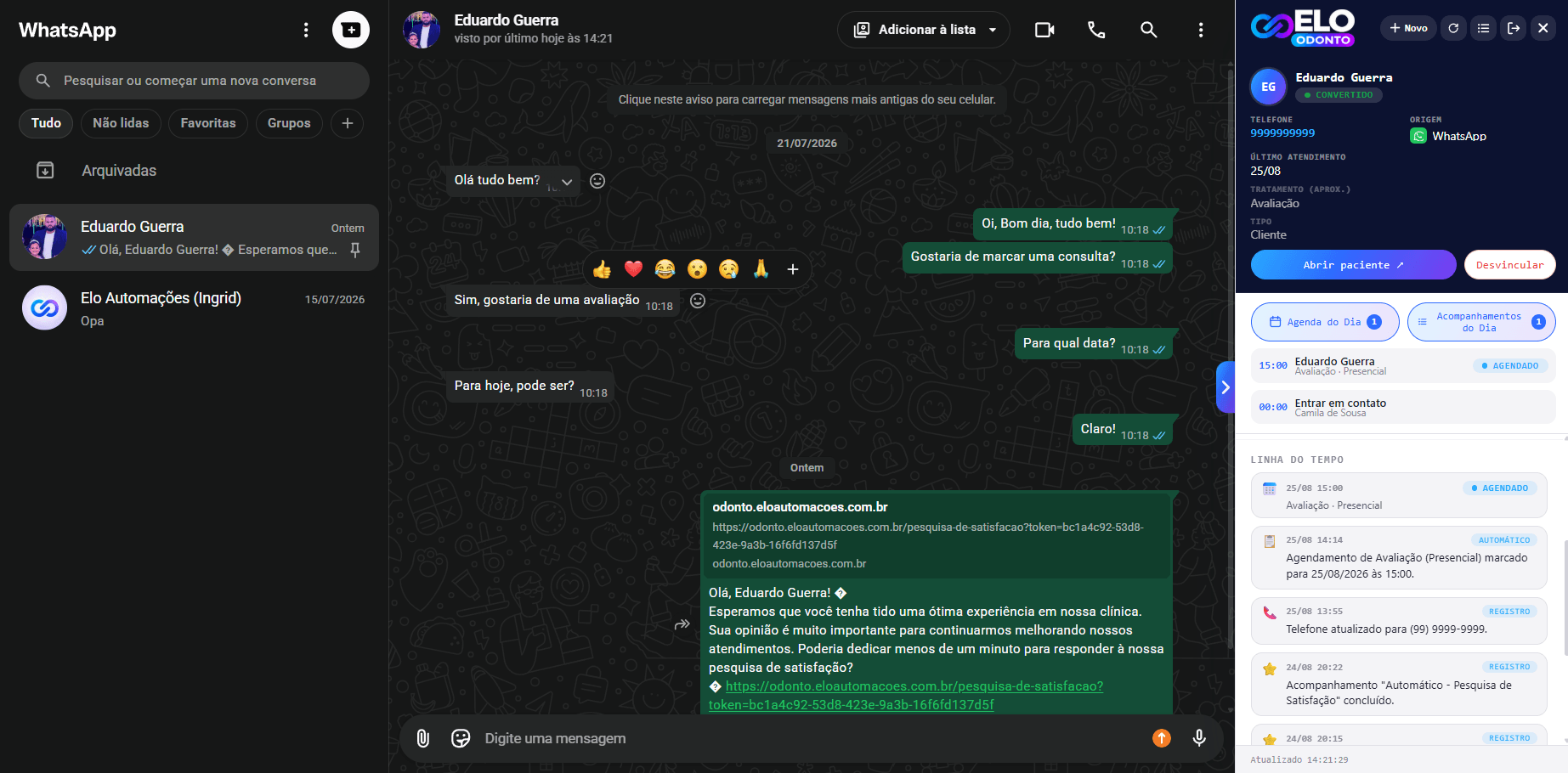 Contexto do paciente exibido pelo plugin ao lado de uma conversa do WhatsApp Web