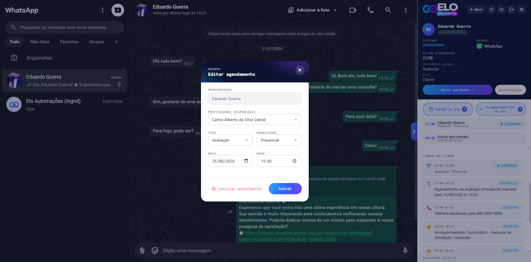 Edição de um agendamento feita pelo plugin dentro do WhatsApp Web