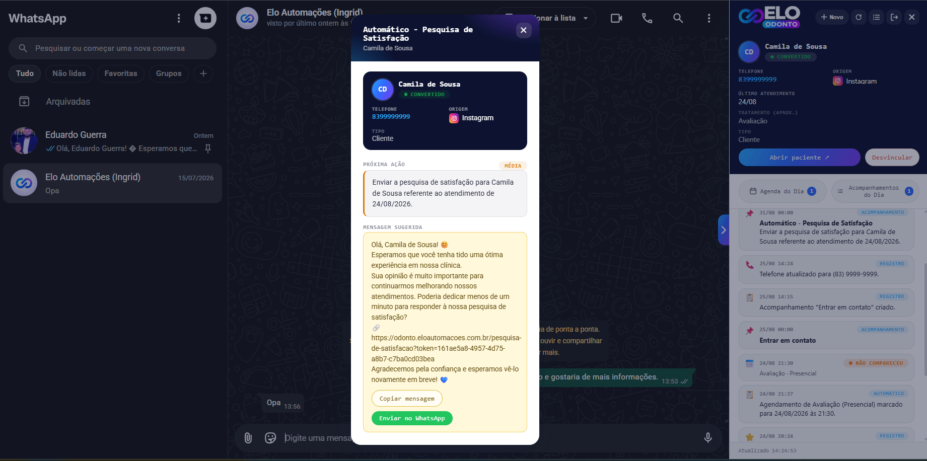 Mensagem sugerida pela ELO, com o contexto do paciente e a próxima ação ao lado