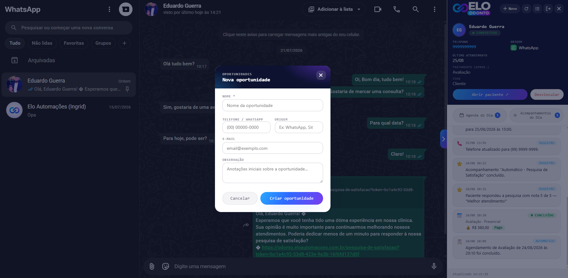 Formulário de nova oportunidade aberto pelo plugin durante a conversa
