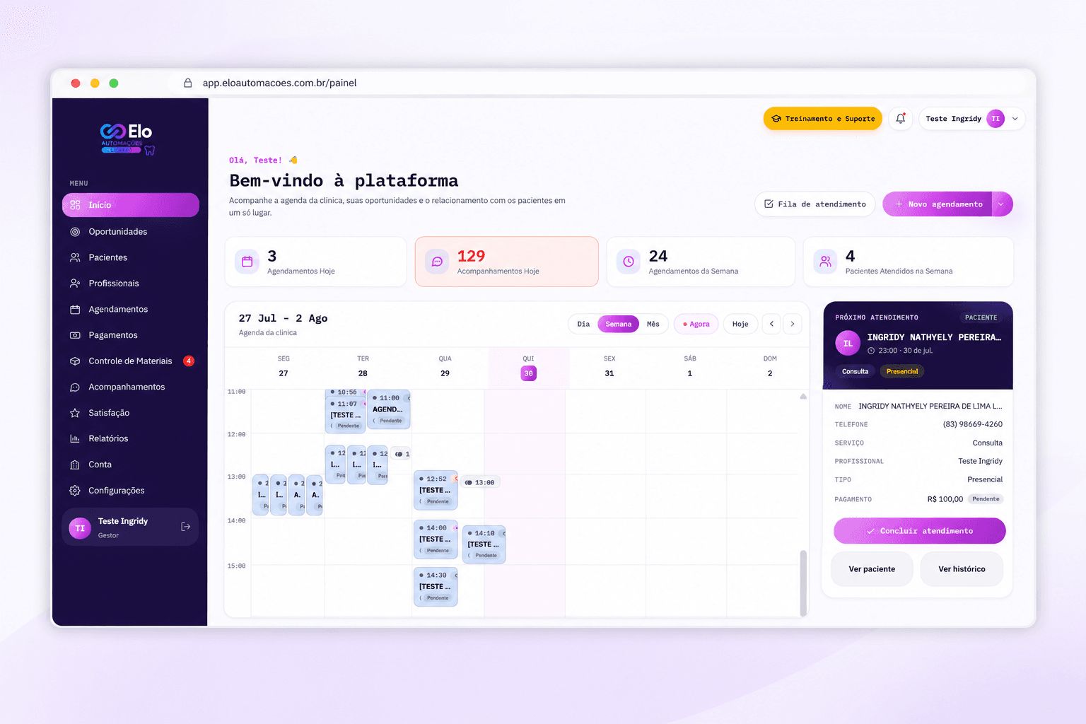 Painel / dashboard da ELO Odonto