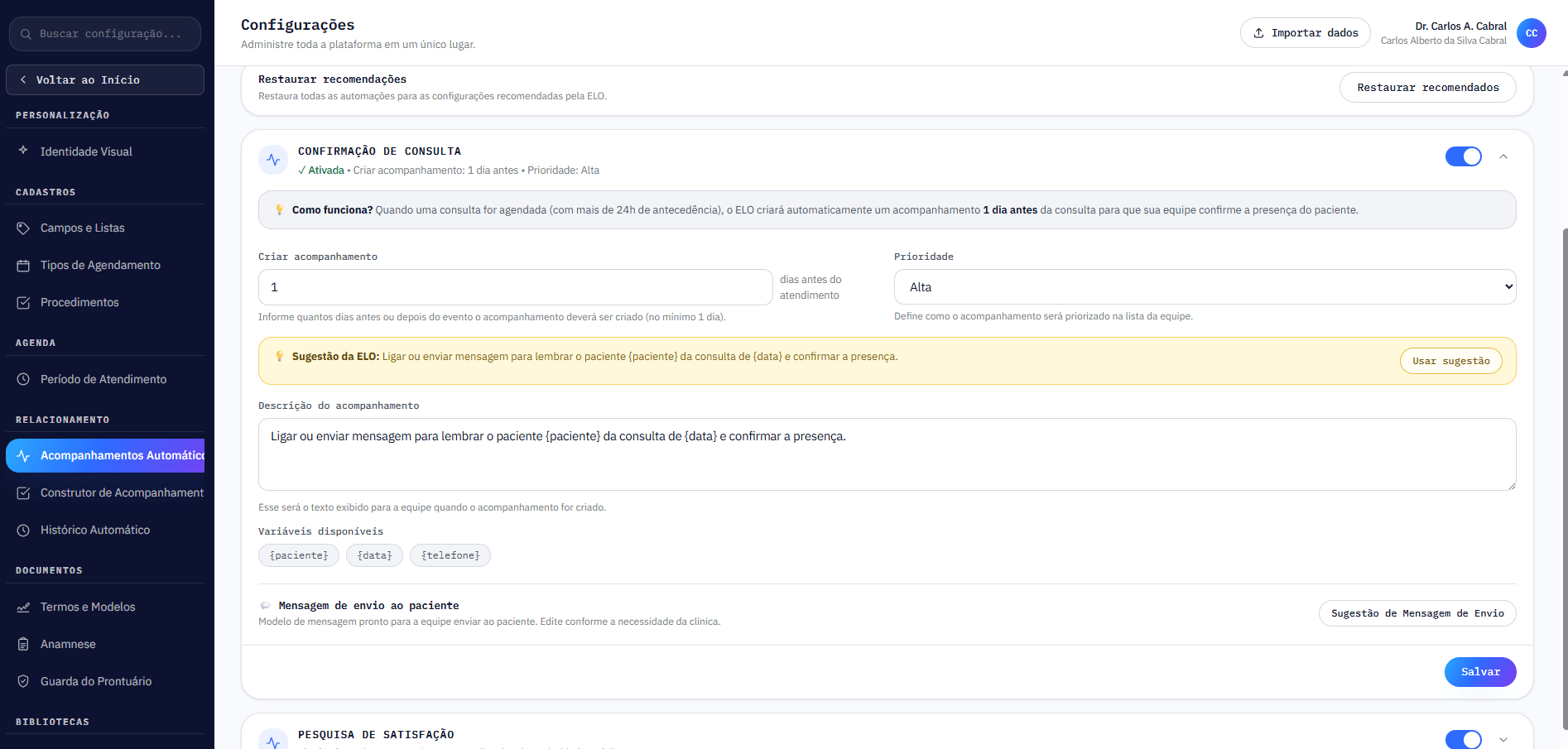 Detalhe da automação Confirmação de Consulta, com a mensagem sugerida pela ELO pronta para editar